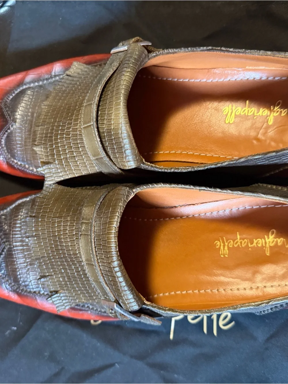 Men's Orange & Green Crocodile Print Calf Kiltie Monkstrap Slip-On Loafers